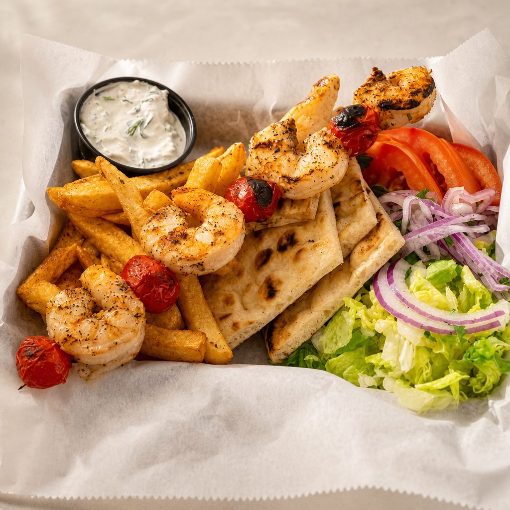 Shrimp Souvlaki Piato (Shrimp Souvlaki Platter).