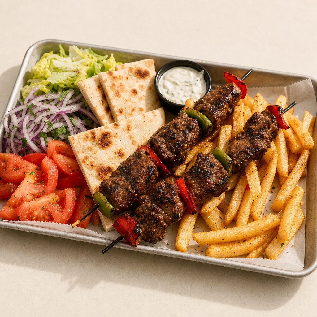 Skirt Steak Souvlaki Piato (Skewer Platter).