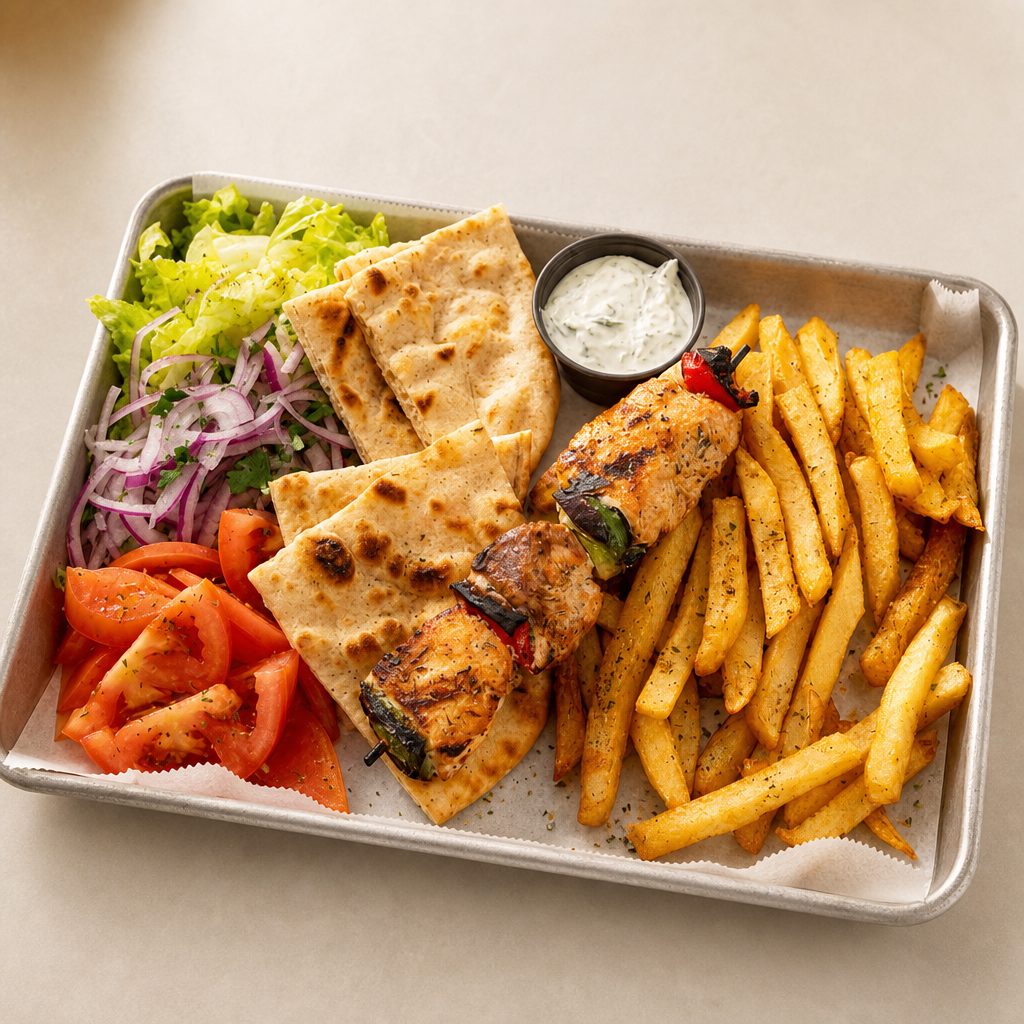Salmon Piato (Salmon Souvlaki Platter).