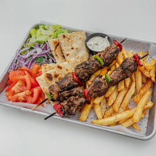 Skirt Steak Souvlaki Piato (Skewer Platter)